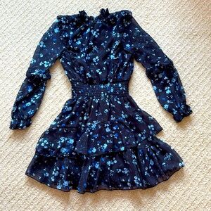Girls ruffled shoulder sleeves floral dress w/elastic waistband & ruffled skirt